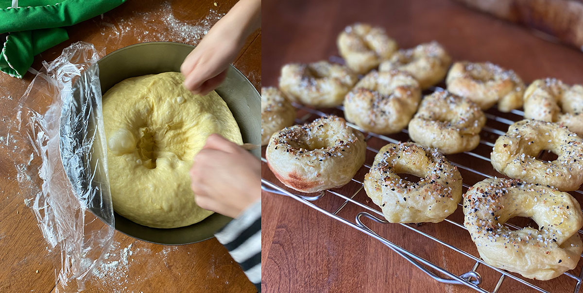 Left: two hands get ready to punch down bagel dough. Right: several everything bagels on a cooling rack.