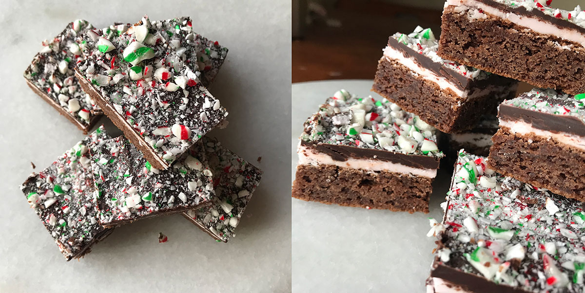 Left: an overhead photo of peppermint candy cane brownies on a marble plate. Right: The same brownies from a different angle, which shows that they are layered: brownie, pink peppermint icing layer, chocolate ganache.
