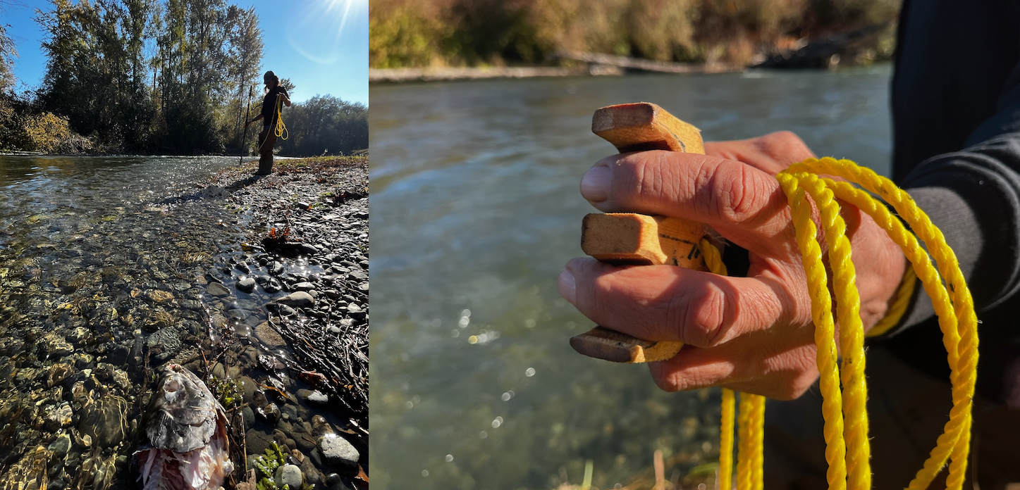 Left: A man fishes in a river. Right: Harold Joe&rsquo;s hand clutches a wooden handle attached to yellow nylon rope.
