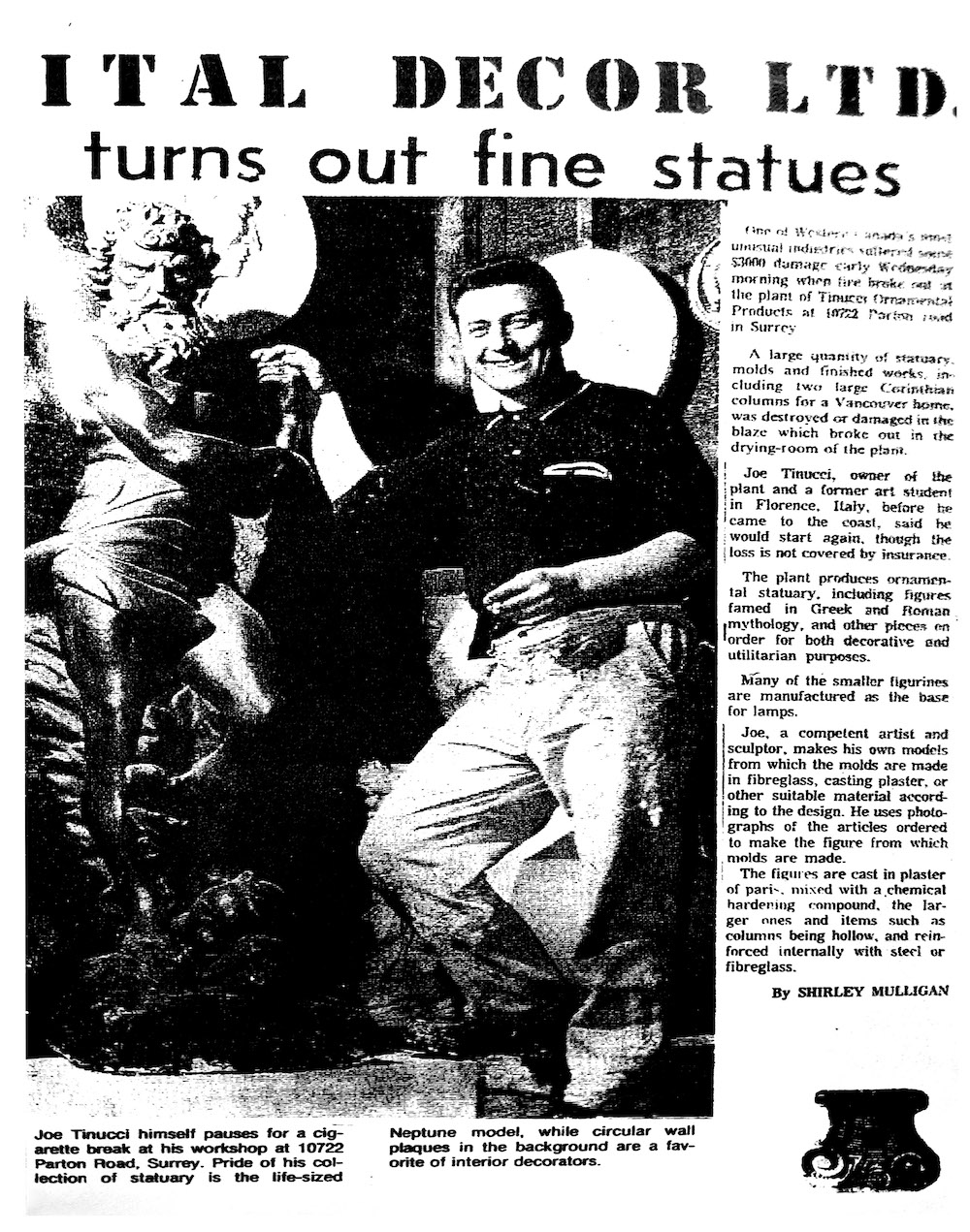 An old newspaper clipping of a man with a Neptune statue.