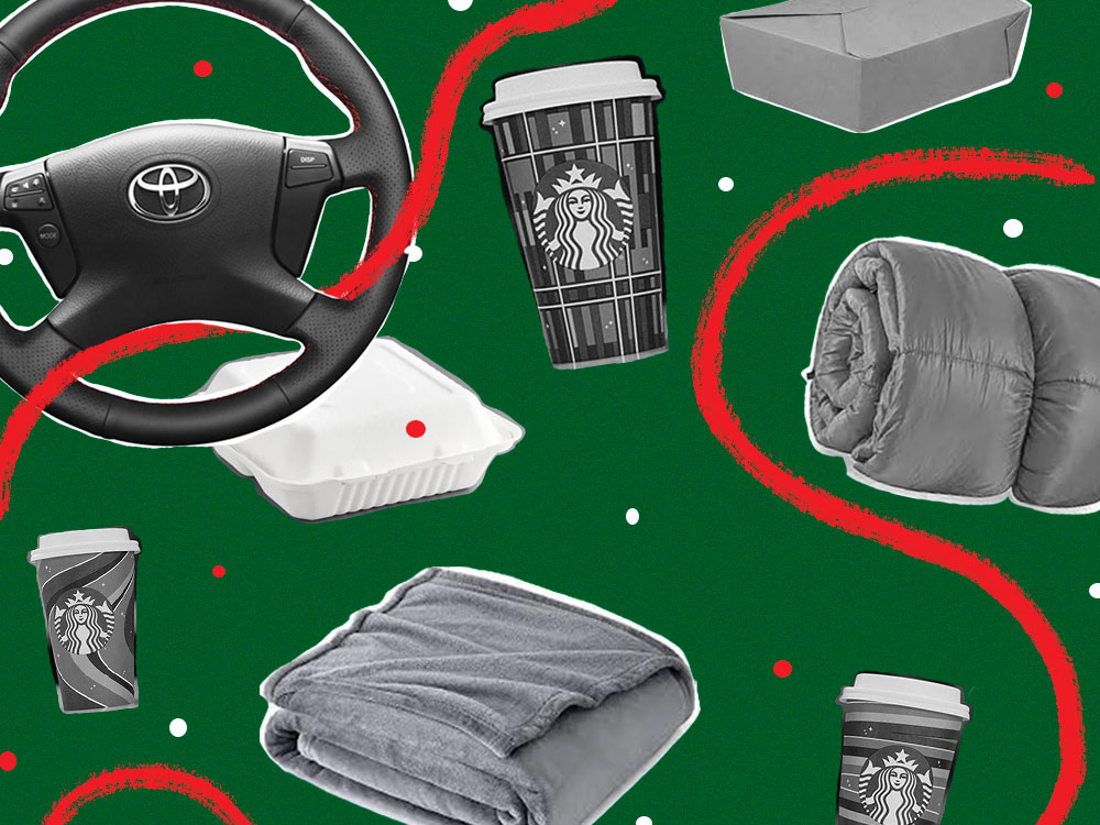 A photo collage featuring black and white cutouts of, clockwise from left, a Toyota steering wheel, a Starbucks coffee cup, a takeout container, a sleeping bag and a folded fleece blanket. The items are against a green wrapping-paper background with red and white illustrated accents.