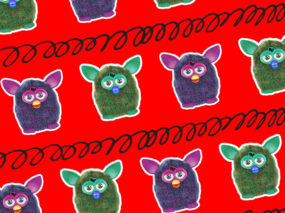 Neat rows of Ewok-like Furby dolls line a wrapping paper-style image. The dolls are alternatingly purple and green against a bright red background. They are separated by long strips of black coiled lines that recall the cords of landline telephones.