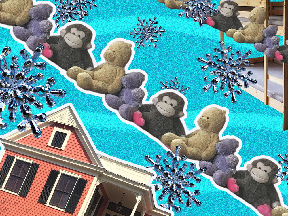 A row of colourful stuffed toys bisects the frame on a diagonal angle running from the top left to bottom right corners of the frame. They are against a textured blue background, glassy snowflake ornament collage work, and a photograph of a home with red vinyl siding. To the upper right quadrant of the frame, another row of stuffed animals is arranged on a diagonal near a photograph of a bunk bed.