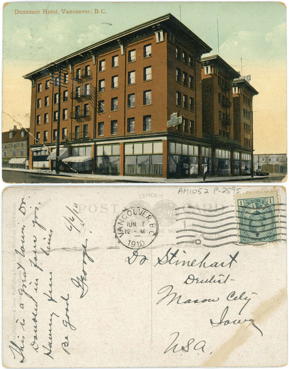 A stacked image shows the front and back of a vintage colour postcard. The front shows the Dunsmuir Hotel. The back has a short message and an address for someone in Iowa.
