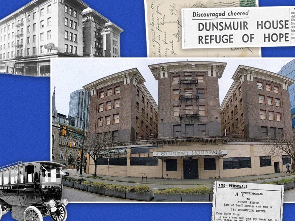 A collage shows various news clippings as well as a contemporary and a vintage photo of the Dunsmuir. There is also a small electric trolley bus.