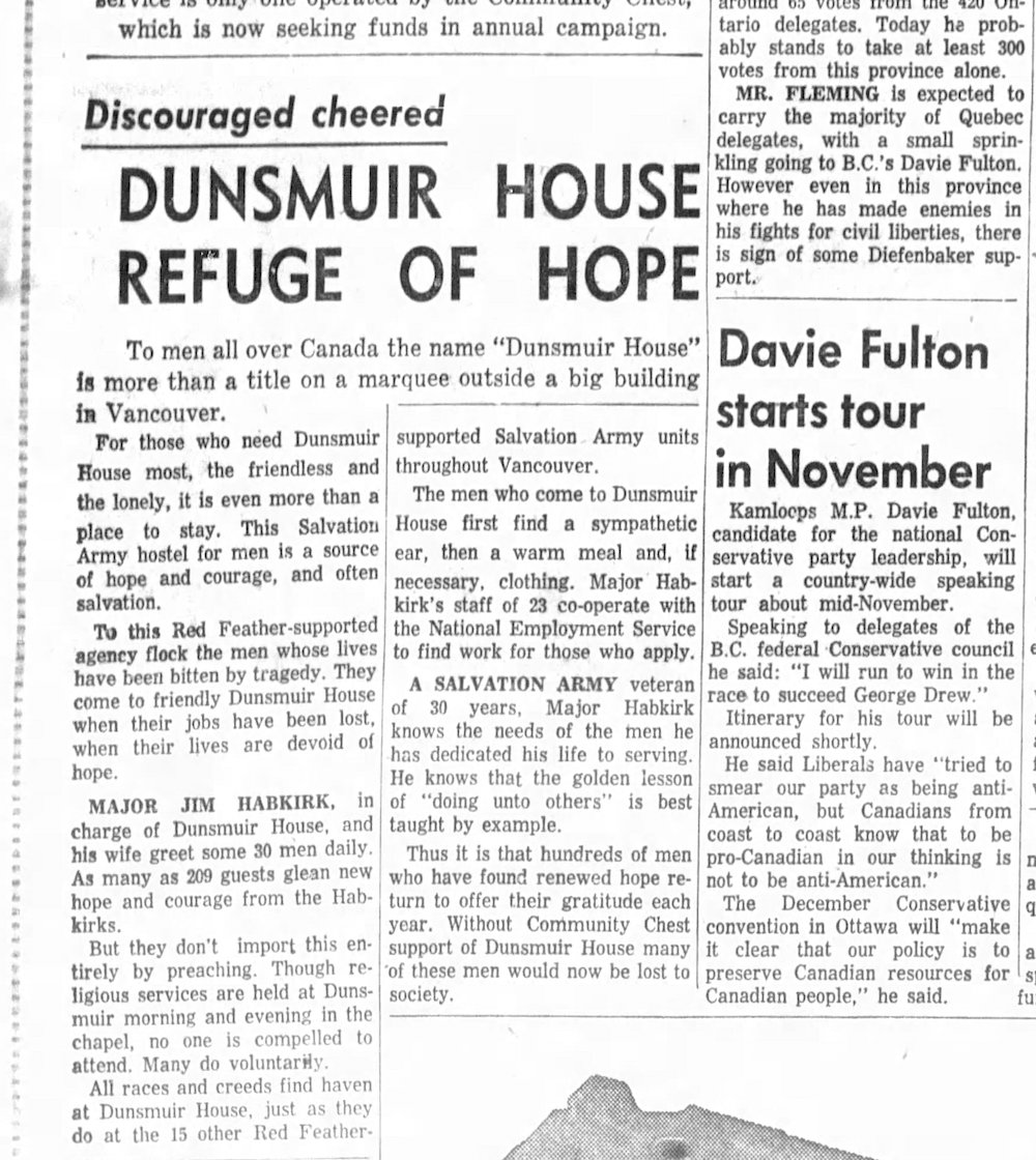A black and white newspaper clipping shows about 100 words of text. The subhead reads 'Discouraged Cheered.' The headline reads 'DUNSMUIR HOUSE REFUGE OF HOPE.'