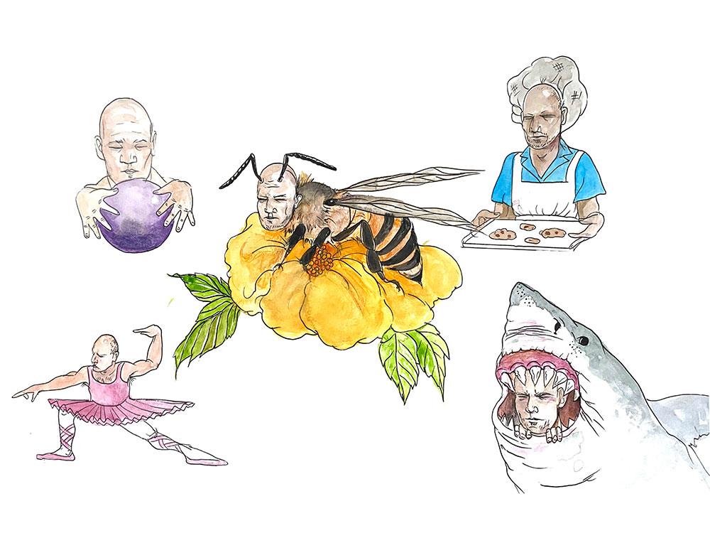 A watercolour illustration features several cartoon images of a middle-aged bald man in various states of repose. In the middle of the frame, he is a bee. He also hovers over a purple crystal ball (top left), holds a baking sheet of cookies (top right), emerges from the mouth of a shark (bottom right) and is a ballet dancer in pink regalia (bottom left).