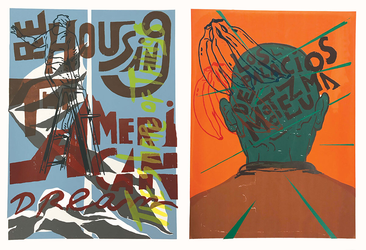 Two vertical posters are side by side. On the left, a poster with a light blue background features the phrase 'Re-housing the American dream' in brown stylized script across the page. On the right, a poster features the back of a person’s green head overlaid with illustrations of banana bunches. The phrase 'Los Palacios de Moctezuma' is in stylized brown script across the head. The background is orange.