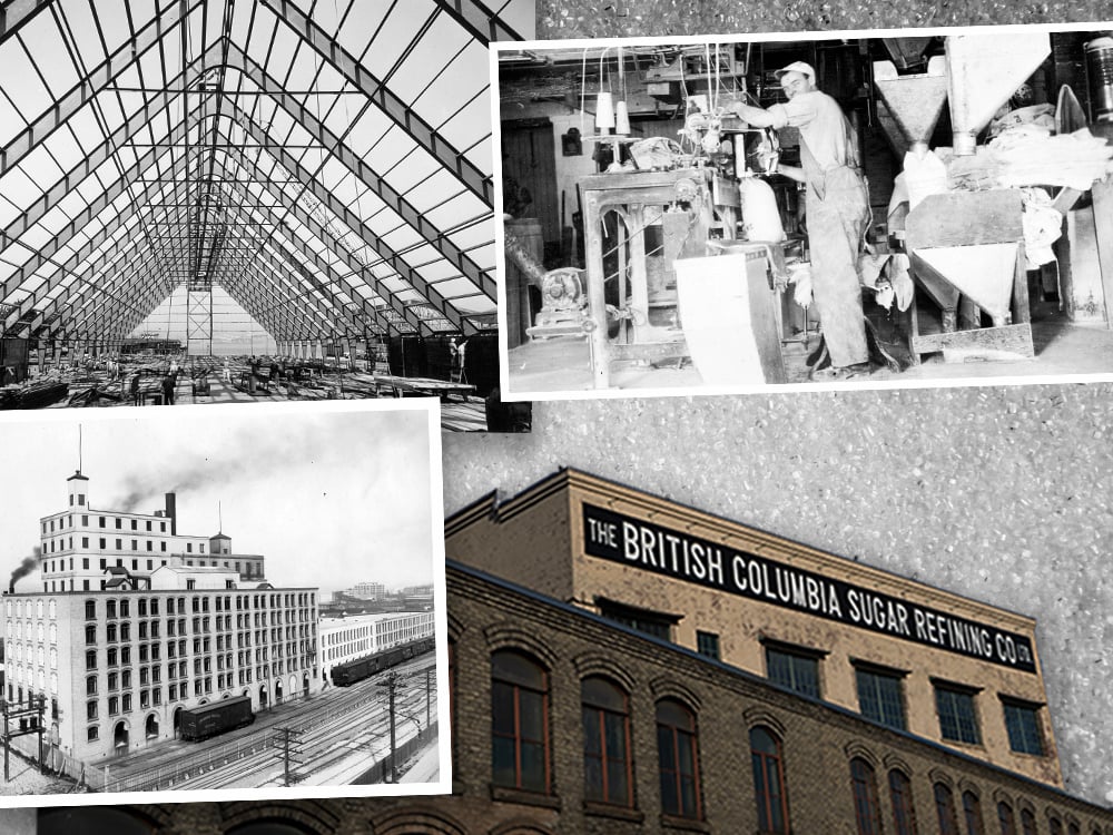 一幅拼贴画混合了温哥华罗杰斯糖厂的黑白老照片和当代照片。 背景是砂糖。