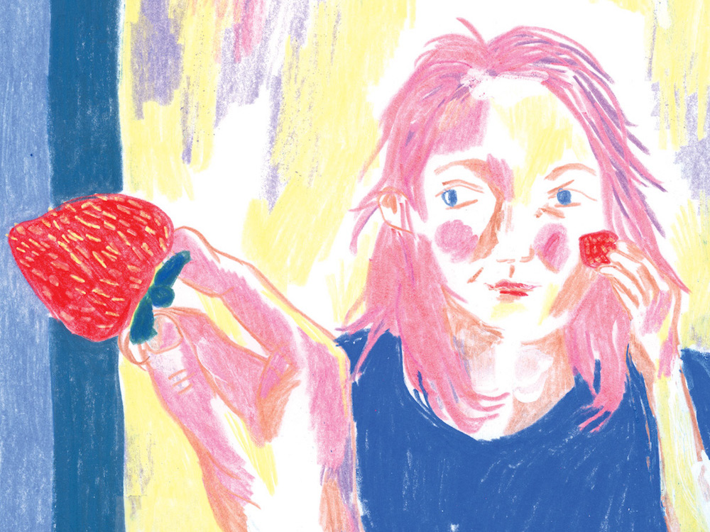 A watercolour illustration in blue and pink tones depicts a woman with tousled shoulder-length pink hair in a mirror, holding a strawberry. In the foreground is another hand holding the same berry.
