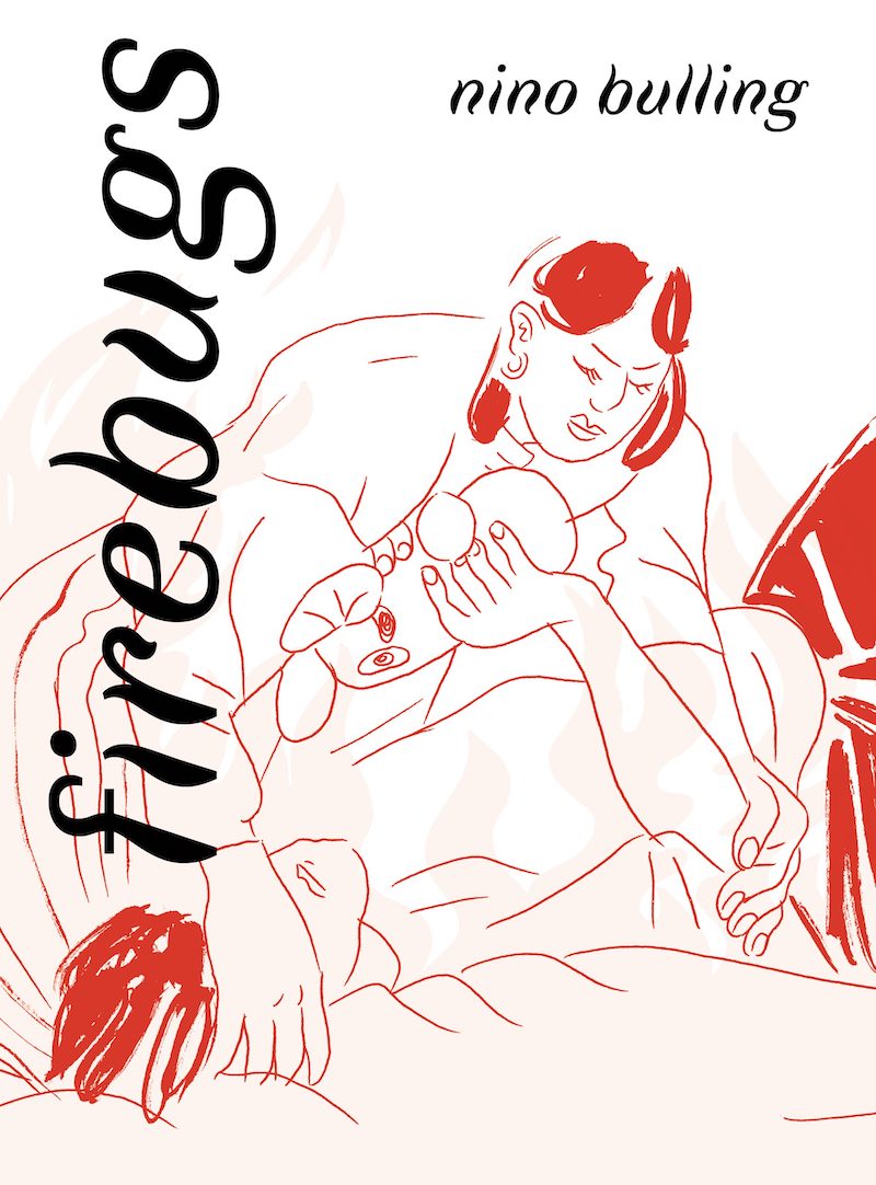 The book cover image for Nino Bulling’s 'Firebugs' features a red and white illustration of a couple in bed.