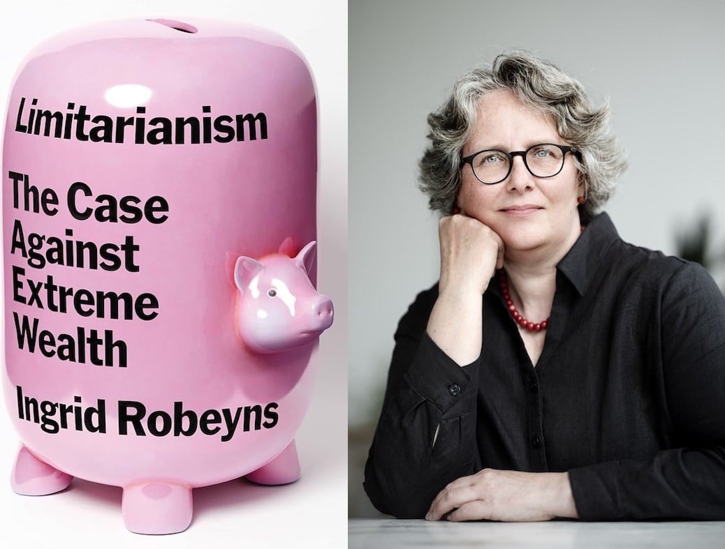 On the left, the book cover image for 'Limitarianism: The Case Against Extreme Wealth' features a vertically distorted bright pink piggy bank against a white background. The book title and name of the author is in bold black sans-serif text across the body of the pig. On the right, a photo of a middle-aged white woman with greying medium-short hair and black horn-rimmed glasses rests her head on her chin.