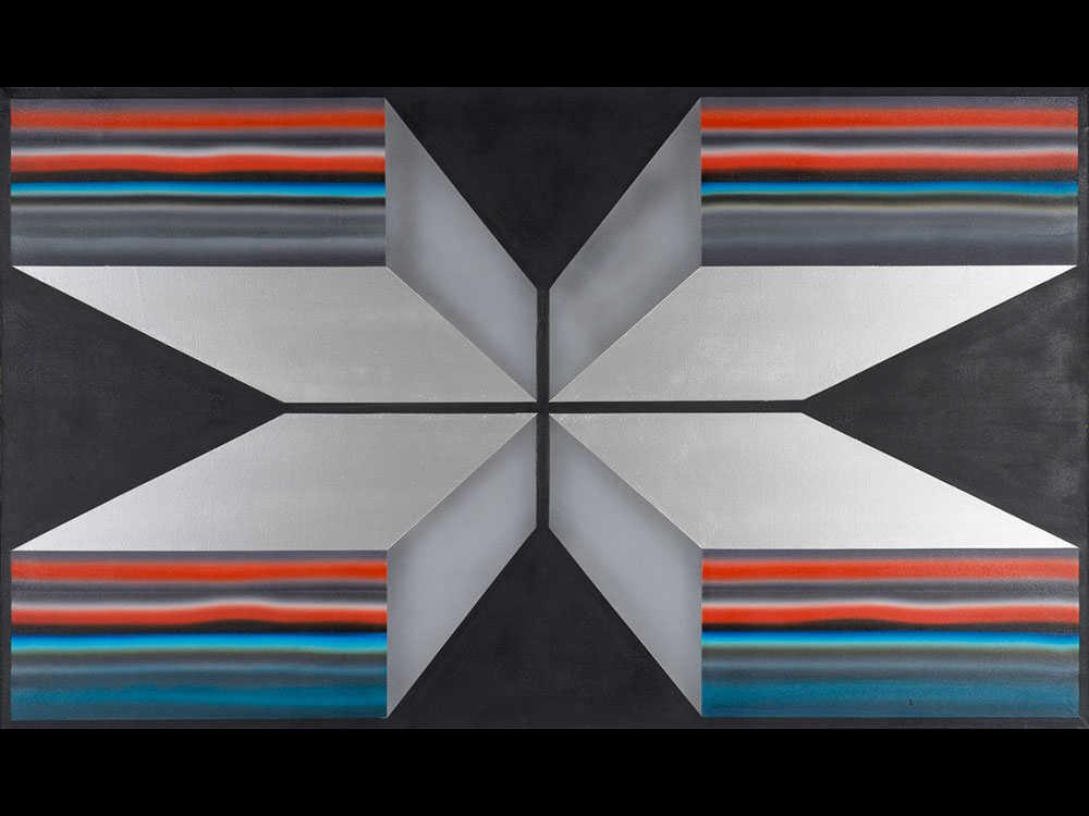 A painting depicts block-like geometric shapes radiating out from the centre of the frame into four prismatic rectangles that reach to each corner of the frame. The artwork uses grey, blue and red.