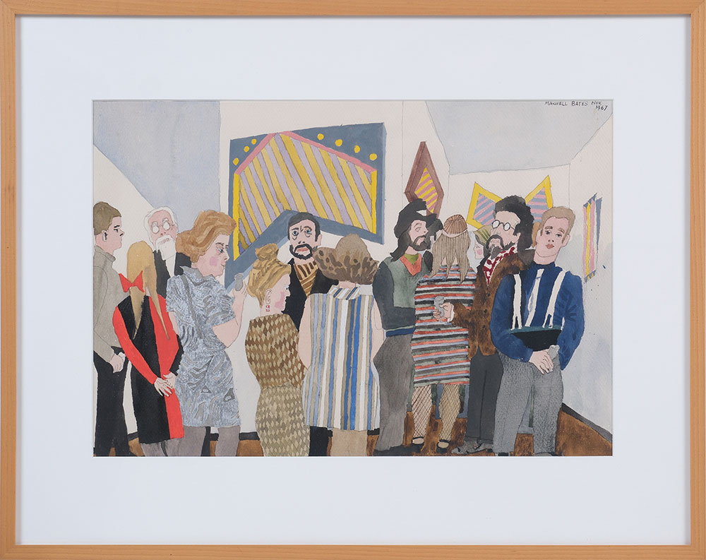 A painting depicts a crowd of people in the crowded party atmosphere of an art gallery.