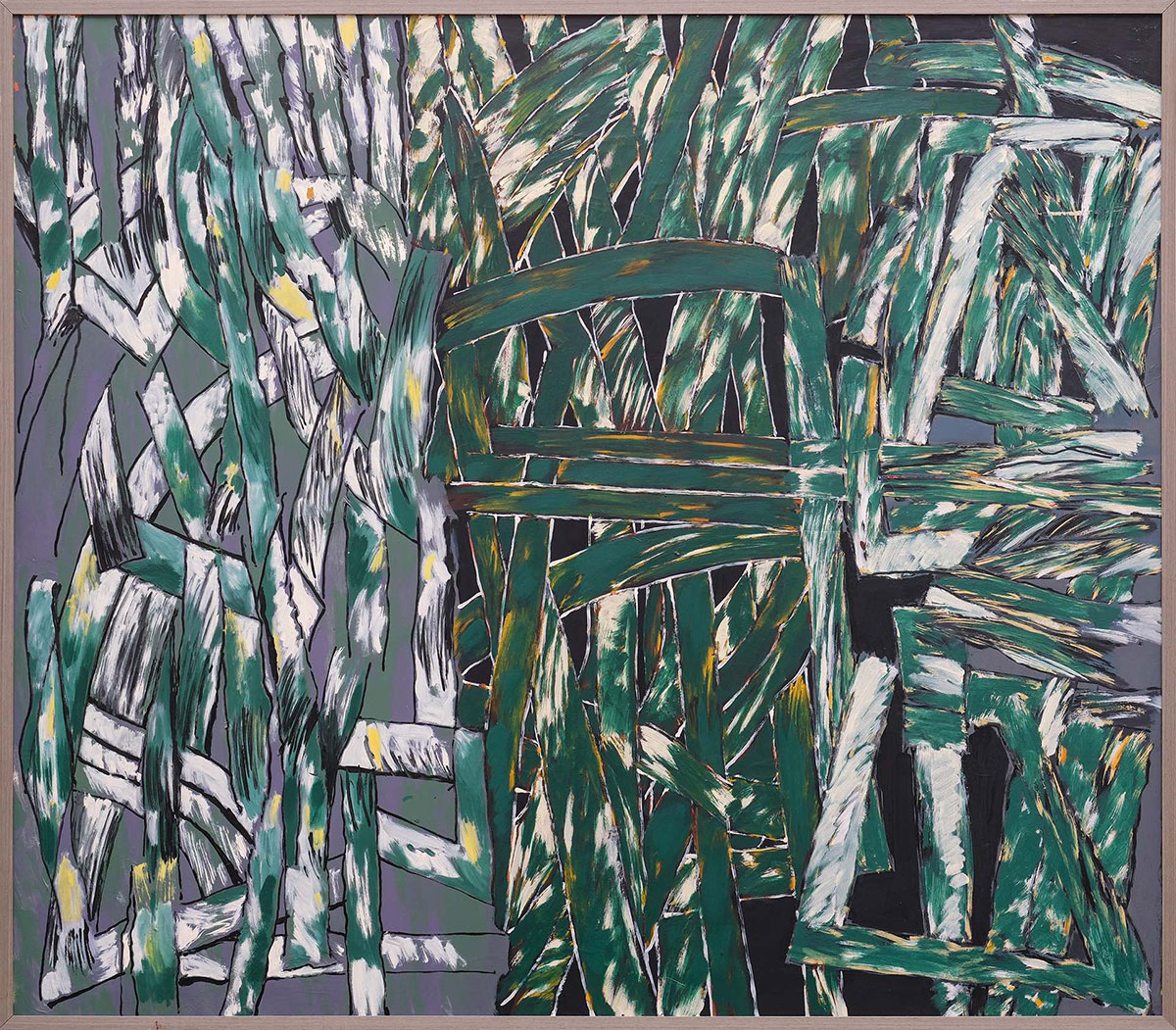 A painting depicts an abstract mass of tangled, leaflike green shapes against a black background.