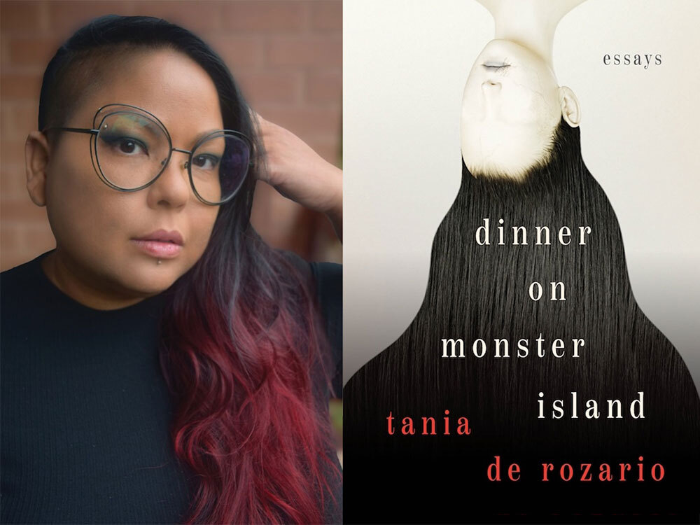 A two-panel image features Tania De Rozario on the left, a woman with medium skin, glasses and dark wavy hair with red highlights. On the right, the book cover image for  Rozario’s 'Dinner on Monster Island' features an upside-down photo-illustration of a white mannequin with long black hair that falls across the page against a white background. The title text and name of the author is in white and red serif typeface against the hair.