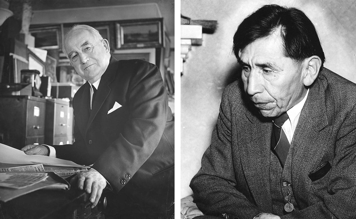 A collage of two old black and white photographs. On the left, a white man at a desk looks over archival papers. On the right, an Indigenous man in a suit and tie is sitting down.