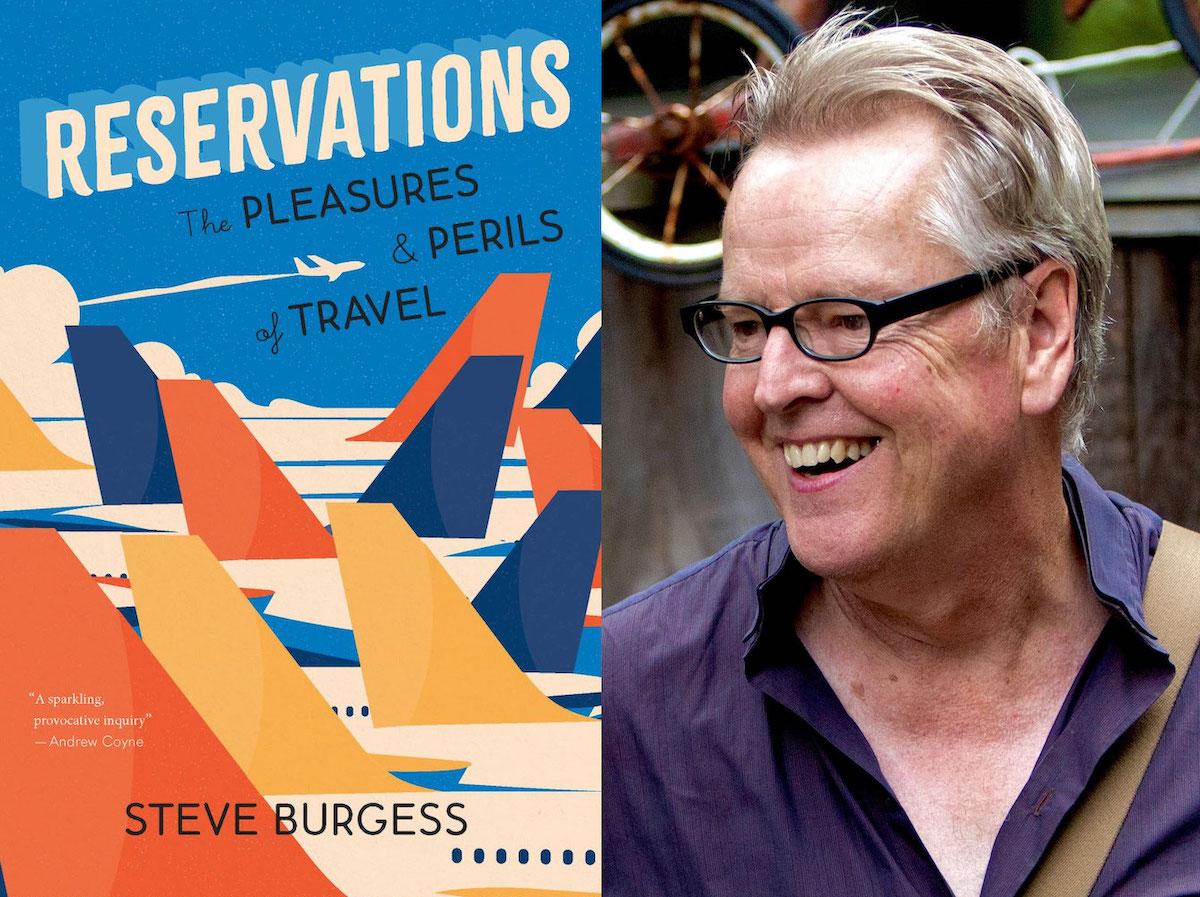 Left: The cover of the book 'Reservations: The Pleasures and Perils of Travel' features a series of orange, yellow and navy airplane tail fins with a sky blue backdrop. Right: A light-skinned man with grey hair and black-framed glasses smiles while looking to the left of the frame. He wears a navy collared shirt with the strap of a bag over one shoulder.
