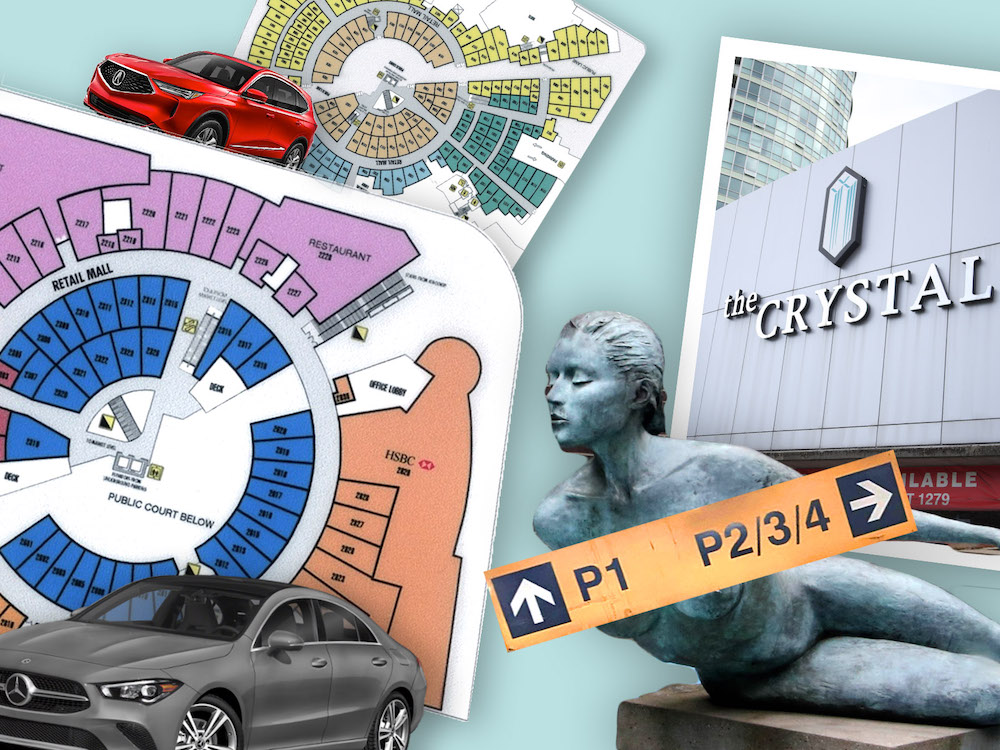 A collage shows parking plans, a couple of cars, signs to P1, P2/P3/P4, a photo of the Crystal Mall sign, and a sea goddess statue.