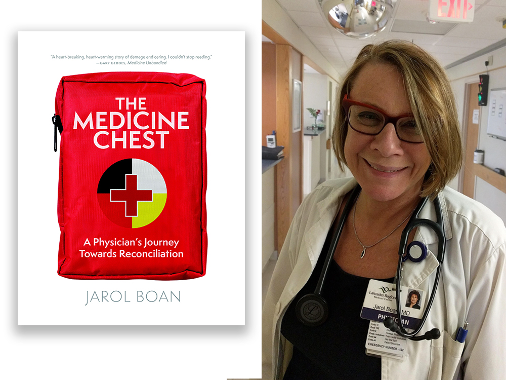 Two images side by side. On the left, the cover of the book 'The Medicine Chest.' On the right, a photo of Jarol Boan, a woman with a light skin tone and a dark blonde bob, wearing a white coat and stethoscope in the hospital.