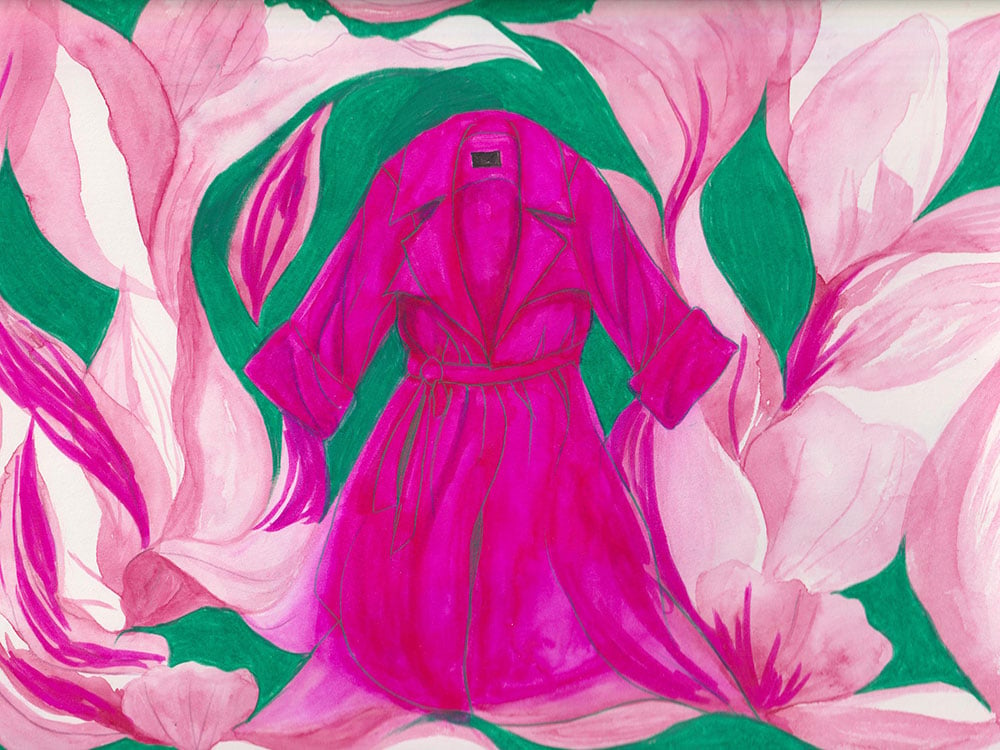 A watercolour illustration of a bright fuchsia coat is situated in the middle of a painting of pink magnolias against a green background. 