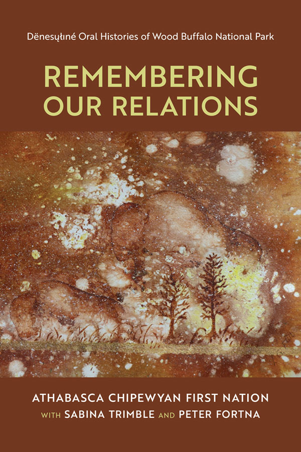 The cover of 'Remembering Our Relations,' which is in brown hues and features a stone painting of buffalo.