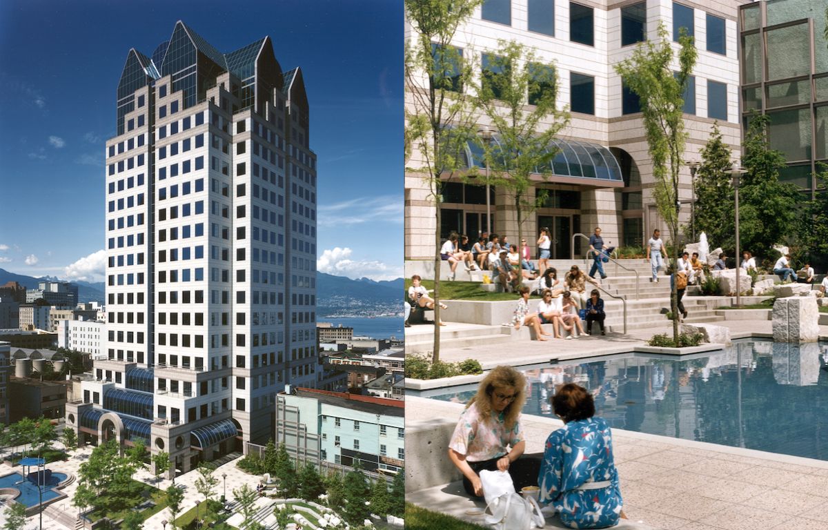 Left: A giant building reaches up into the sky; beside it, the Del Mar, small and painted blue. Right: People with ’80s haircuts and in ’80s fashions cluster around a water feature in front of the BC Hydro building.