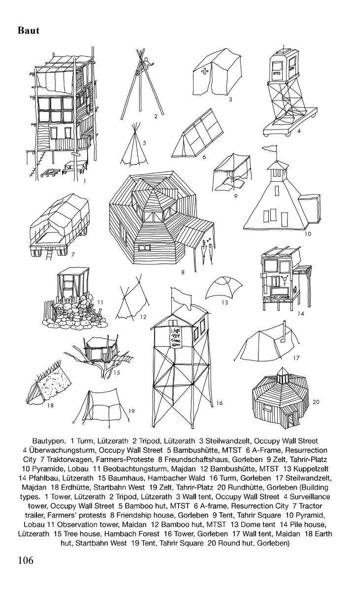 A series of black-and-white line drawings depicts different protest building types, from simple tents to larger structures. Each are numbered and correspond with captions at the bottom of the page.