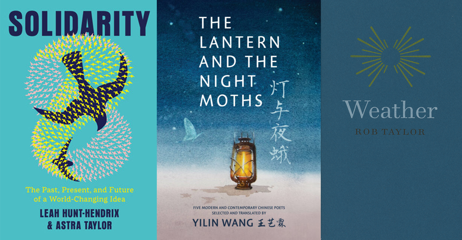 Three book covers, from left: 'Solidarity' by Leah Hunt-Hendrix and Astra Taylor; 'The Lantern and the Night Moths' by Yilin Wang; 'Weather' by Rob Taylor.