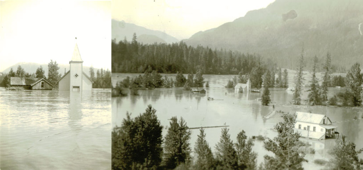 Two black and white images. At left, two buildings are surrounded in water, which appears to reach almost to the top of the first floor. At right, several buildings are surrounded in water, with islands of trees and mountains in the background.