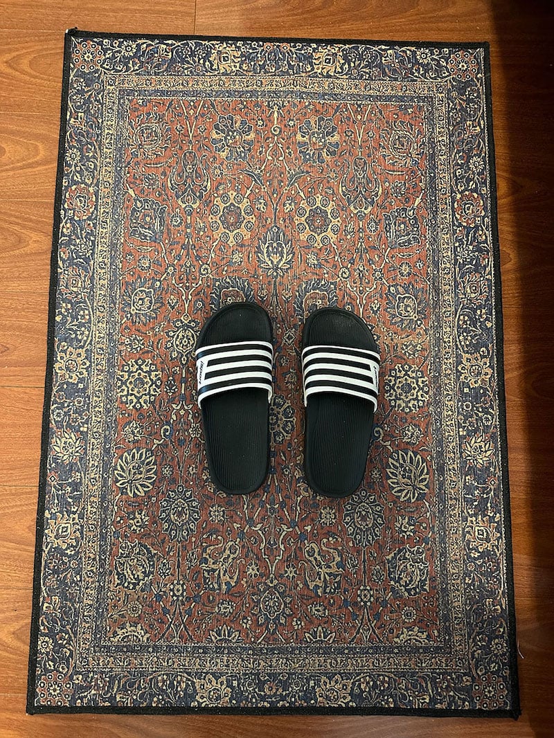 A pair of soccer sandals with black soles and black-and-white striped uppers stands on a blue and burgundy patterned rug.