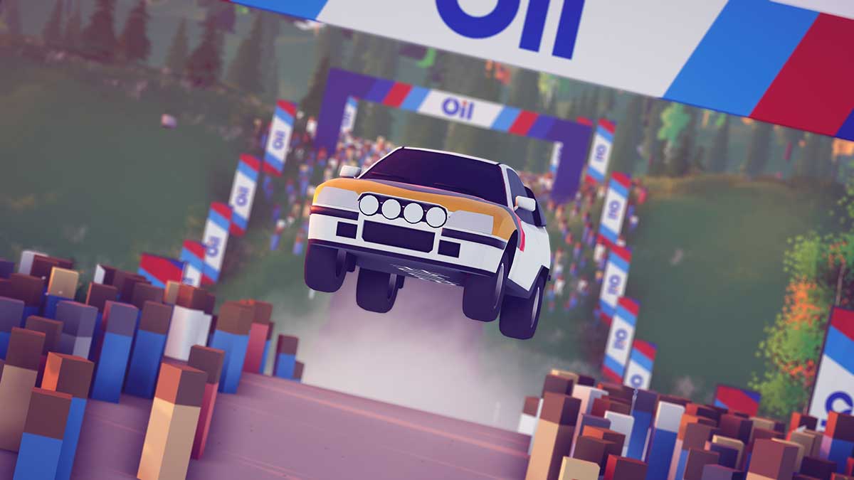 A yellow, white and blue race car jumps in the air across a colourful digital landscape marked with short vertical pillars of different colours. Behind are blue and white banners that read &ldquo;oil.&rdquo;
