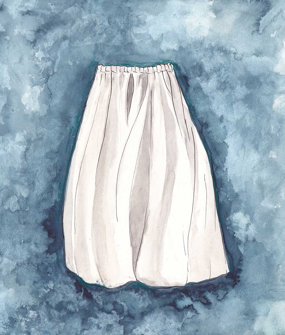 Illustration of a flowing oyster-coloured full skirt on a blue-greyish background.