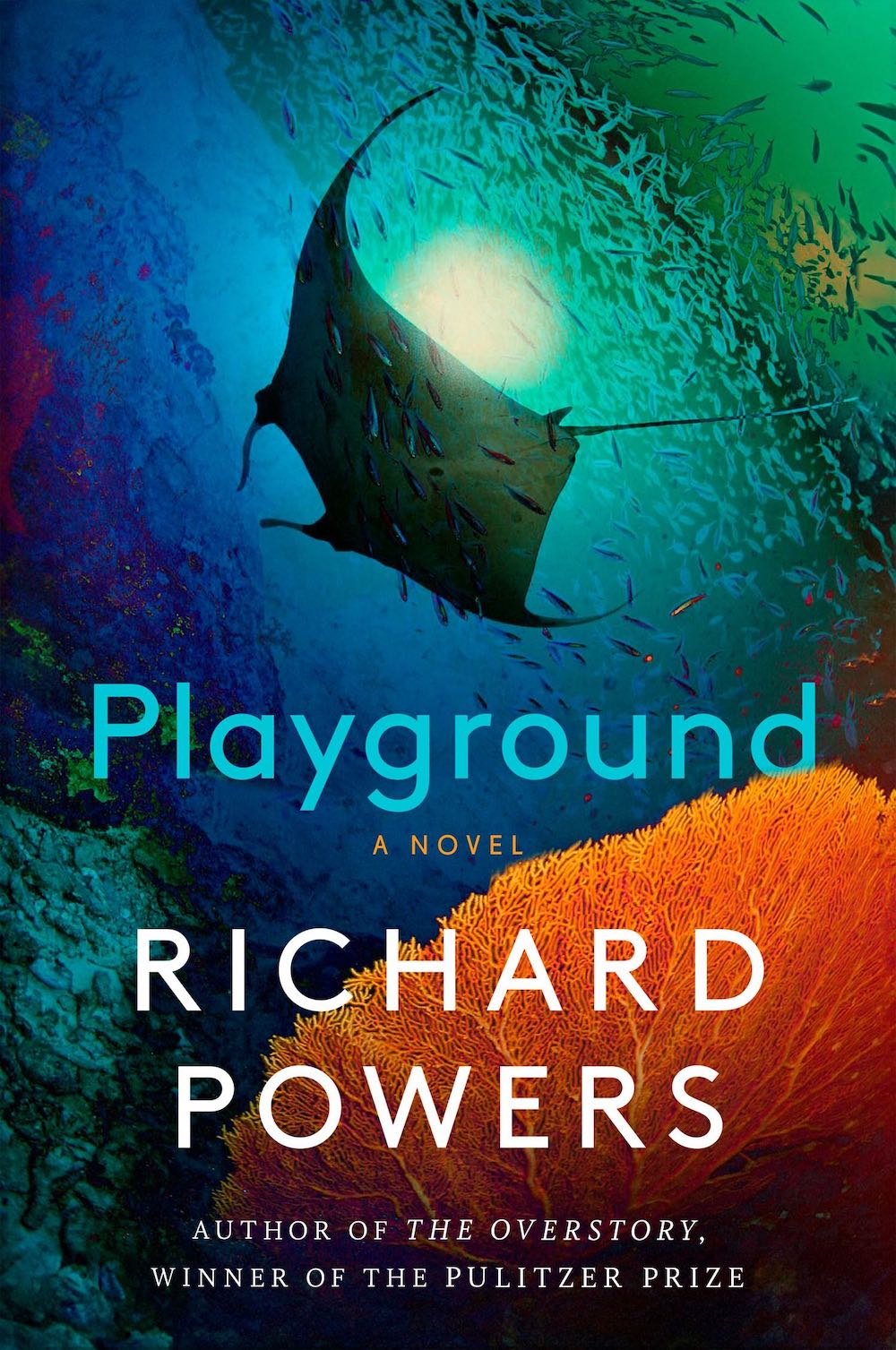 The book cover image for 'Playground' by Richard Powers features a colourful underwater photograph of a stingray with many smaller fish swimming around it. The title text is in light blue sans-serif typeface, and the author&rsquo;s name is in white sans-serif typeface. At the bottom of the page is a bright orange coral.