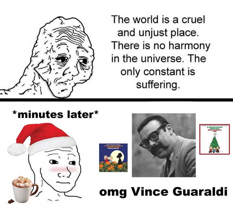 A meme features a sad black and white cartoon illustration of a face before (top) and after (bottom) listening to Vince Guaraldi.