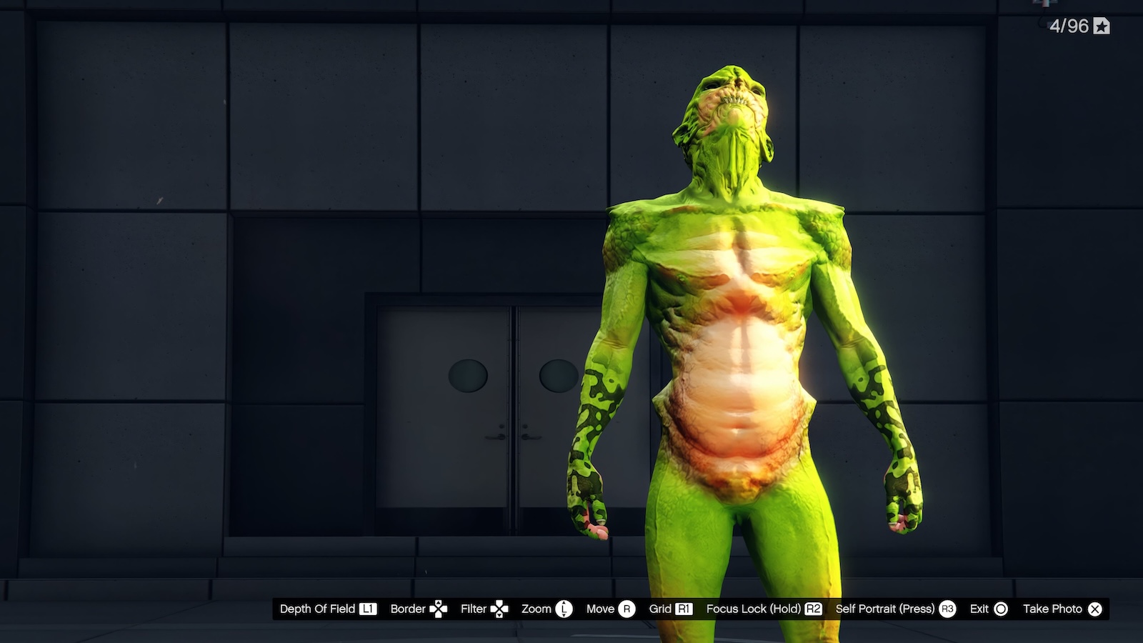 A digital illustration of a green alien with black markings and a flushed abdomen stands looking up, fists clenched, against a black background.