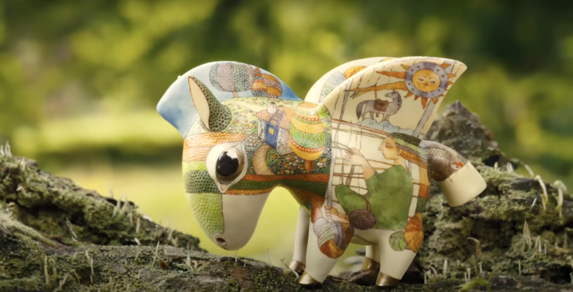A small, ornate, cream-coloured porcelain horse stands on a mossy stump. It is colourfully illustrated with whimsical scenes that evoke a fairy tale. It stands against a green background.