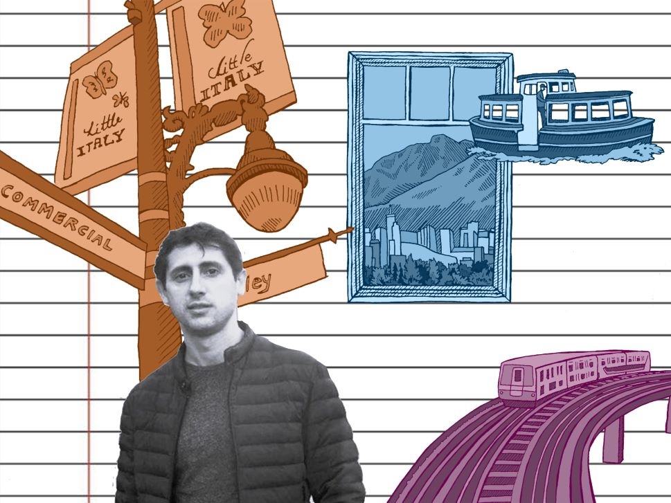 An illustration shows a photo of a mid-30s, light-skinned man wearing dark colours superimposed on a backdrop of Vancouver scenes, like Commercial Drive, mountains and SkyTrain.