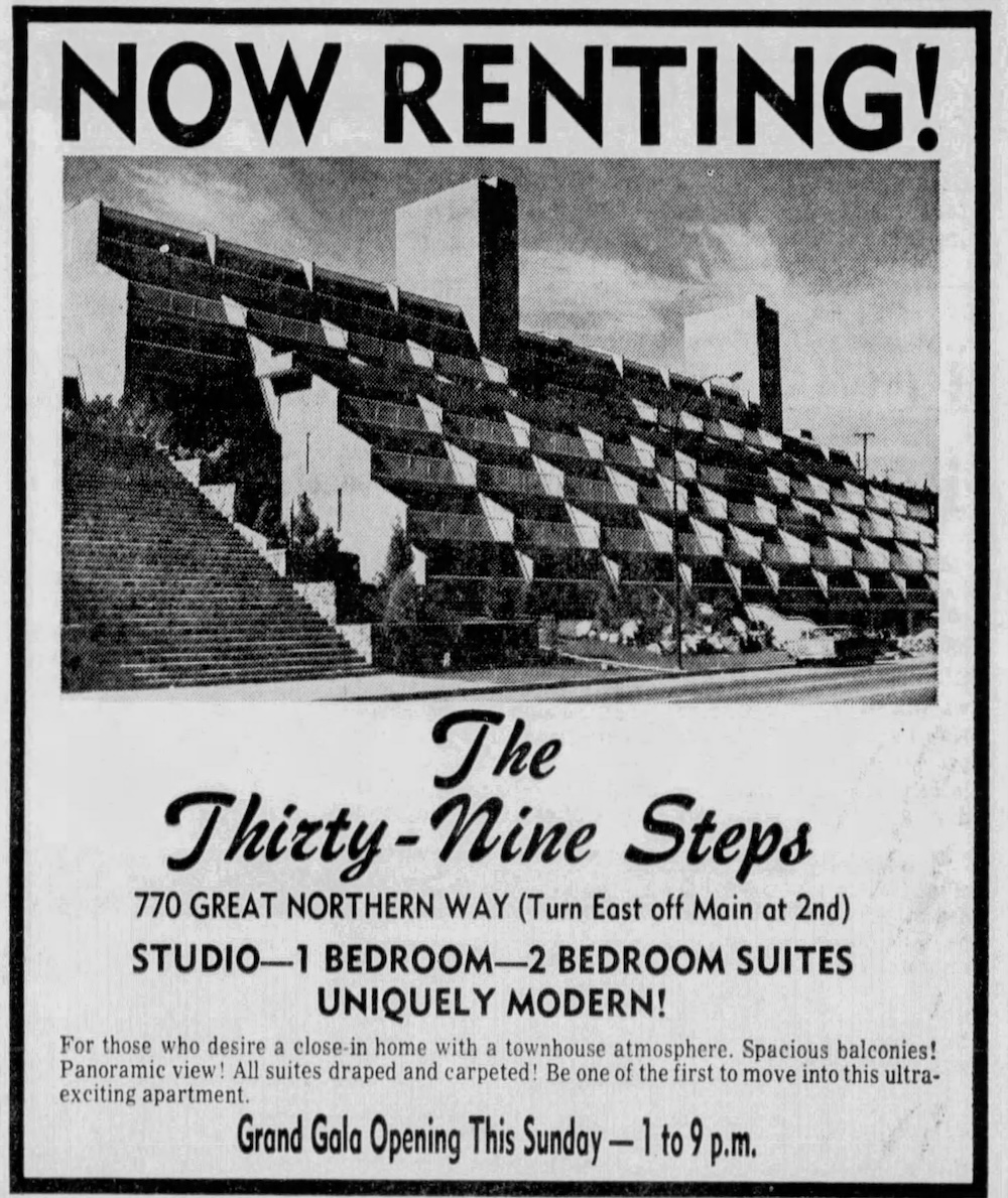 An old newspaper clipping reads, 'NOW RENTING: The Thirty-Nine Steps. 770 Great Northern Way (Turn East off Main at 2nd).'