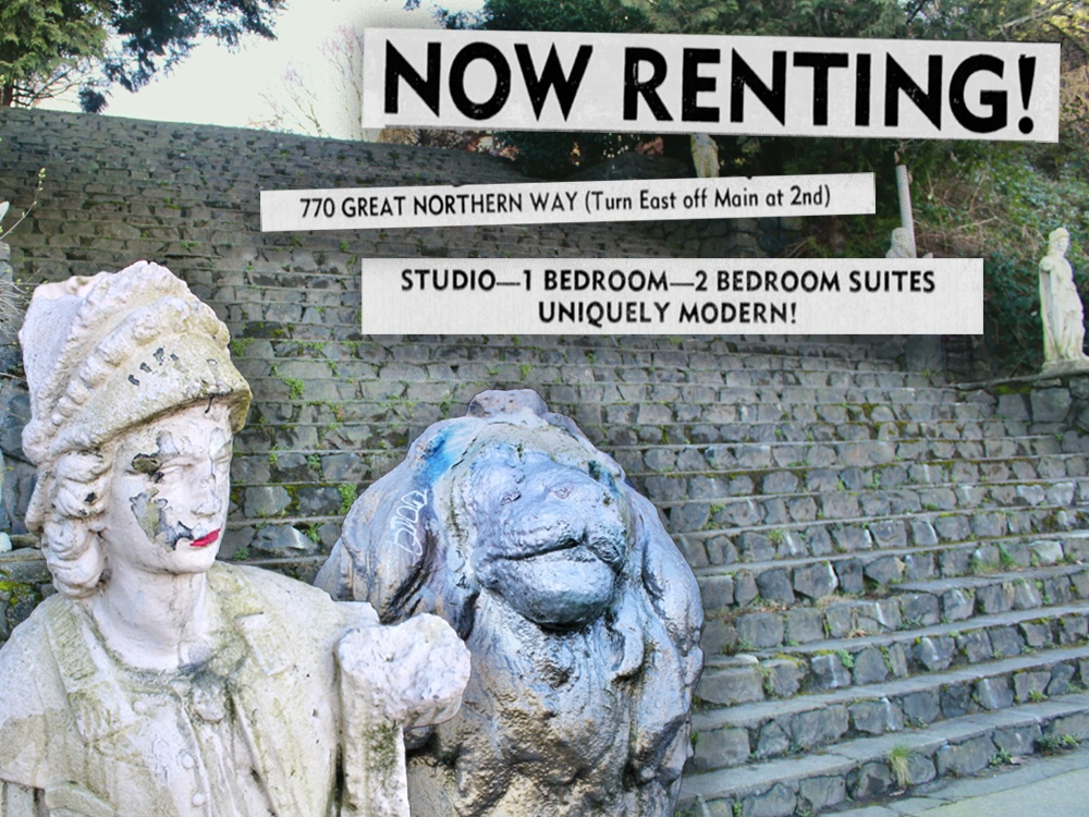 A collage shows the 39 steps, featuring two close-up cutouts of statues — a woman and a lion — and some newspaper clippings reading, 'Now Renting!,' '770 Great Northern Way (turn east off Main at 2nd),' and 'STUDIO – 1 BEDROOM – 2 BEDROOM SUITES – UNIQUELY MODERN.'