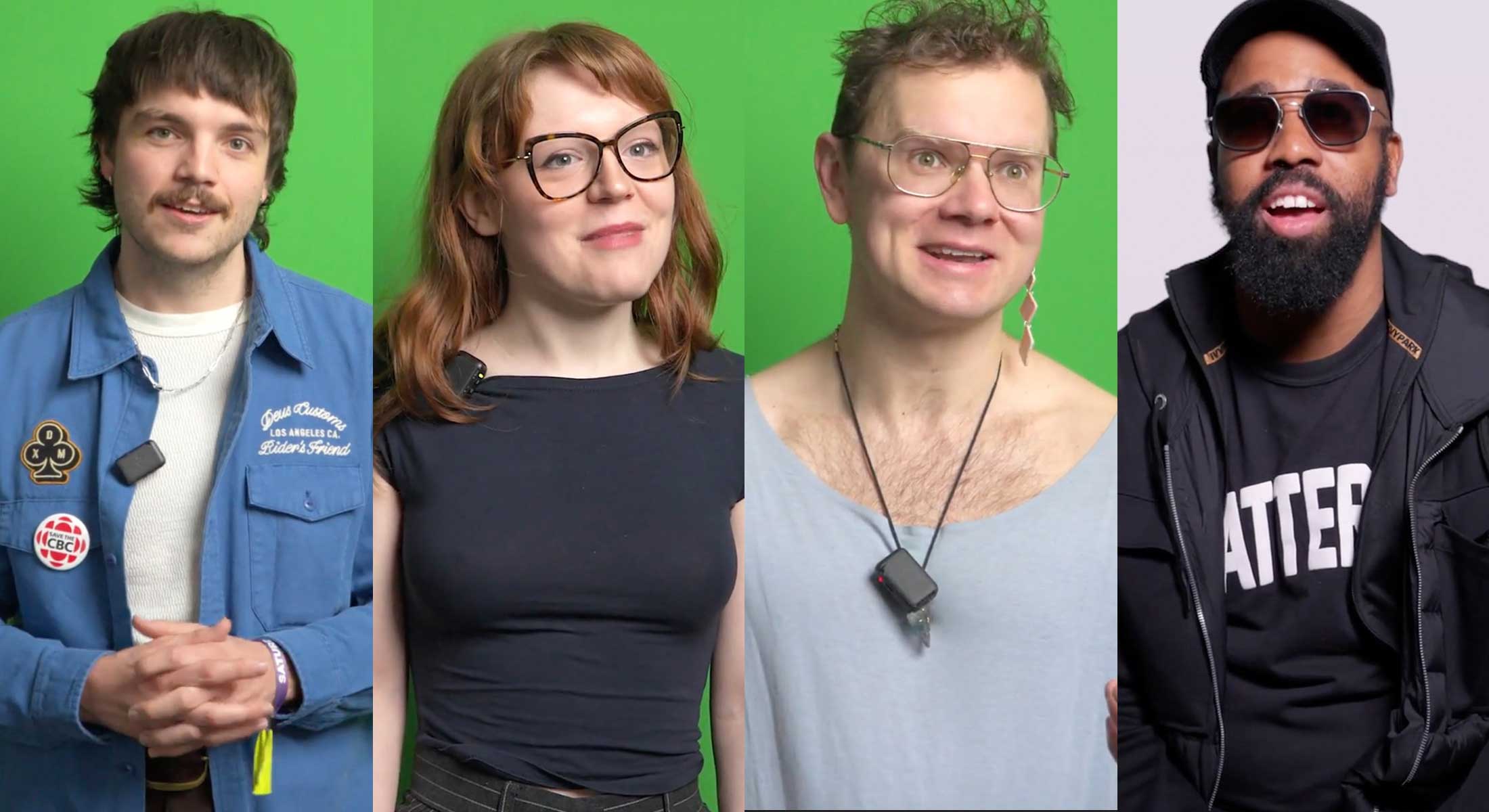 A four-panel image features four young people. From left, Braden Lam stands against a green background. He has shaggy brown hair, a moustache and pale skin. He is wearing a vintage blue mechanic’s jacket over a white T-shirt, hands clasped. Brighid Fry has shoulder-length wavy red hair, pale skin, glasses and a black top. She is standing against a green background, mid-speech. Rupert Hudson is mid-speech, against a green background. He has short hair, pale skin and is wearing a dangly earring with a scoop-necked grey top. On the far right, AHI is wearing a black cap, aviator sunglasses and a black T-shirt under a black jacket and hoodie. He has dark skin and is mid-speech against a light pink background.