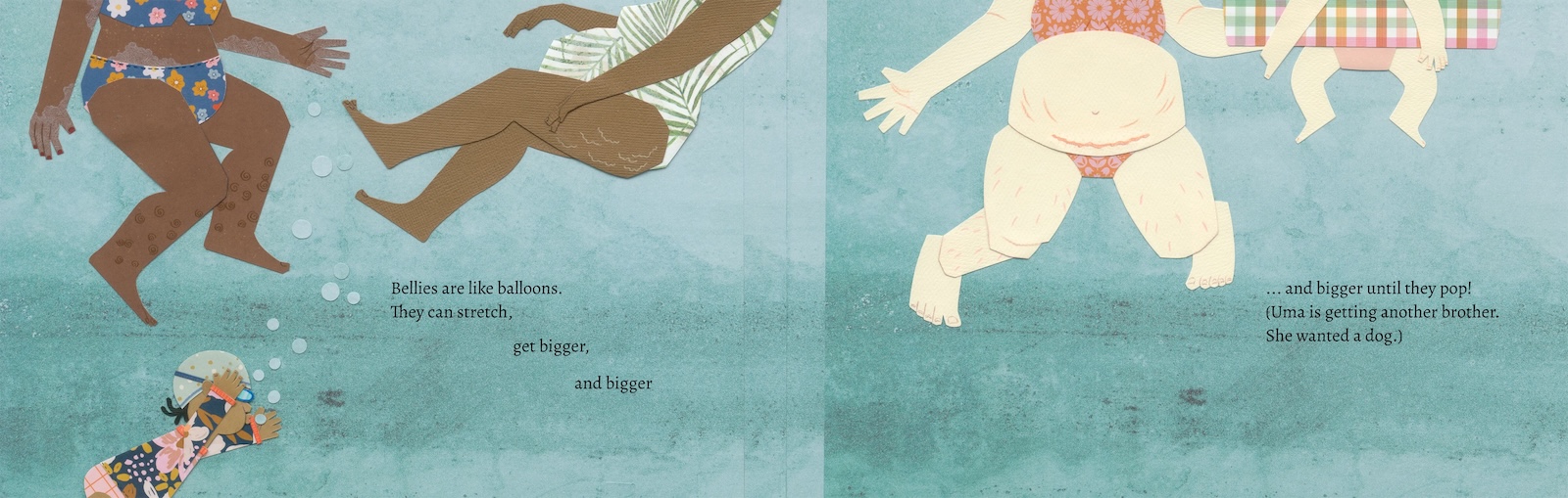A spread from the book ‘Everybelly,’ featuring adult and children with different-coloured skin floating in water.