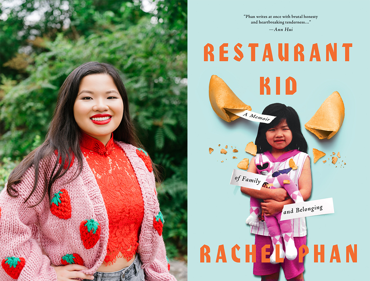 On the left, an author photo of Rachel Phan, a Chinese-Canadian woman with medium-light skin tone and long, dark straight hair, wearing a red lace crop top and a pink cardigan with strawberry pattern. She is smiling and looking at the camera. On the right, the cover of ‘Restaurant Kid,’ which features a fortune cookie and a kid holding a plush doll of the pink Power Ranger.
