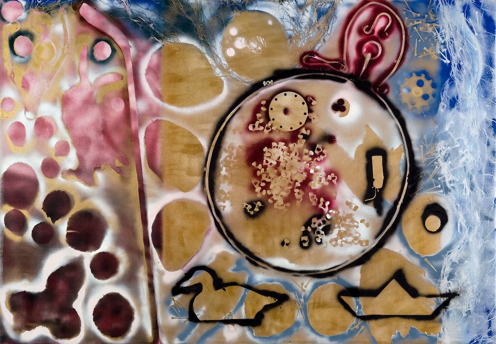 An abstract piece of mixed-media artwork features a circular image in pink, light yellow and red.