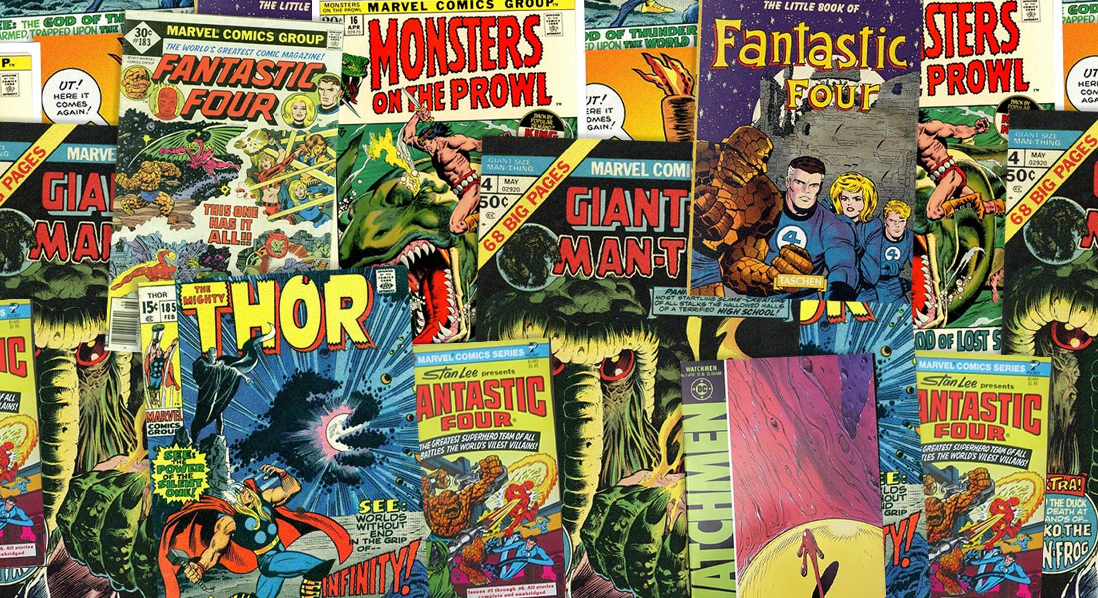A collage of several colourful comic books overlap each other across the frame. The comics include Fantastic Four, The Mighty Thor, Monsters on the Prowl and Watchmen.
