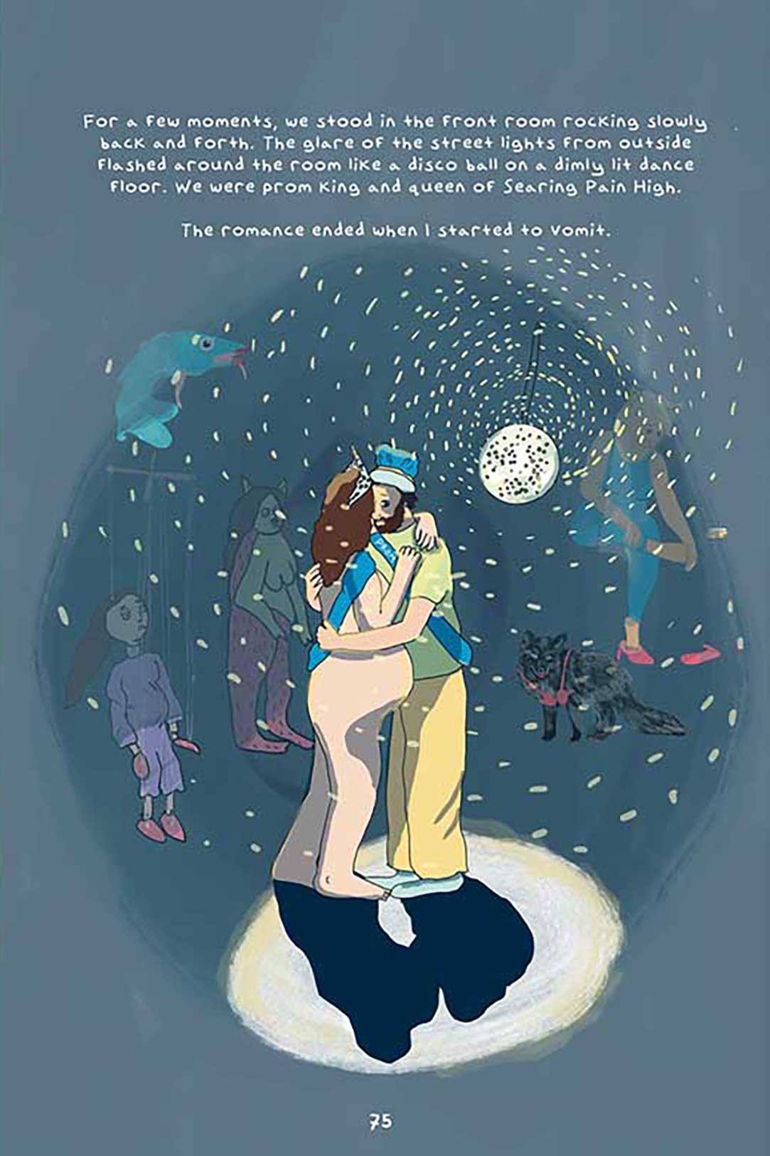 A page from a graphic novel depicts two people embracing as if slow dancing in the middle of a surreal, celestial scene featuring animals and other imaginary creatures against a blue background.