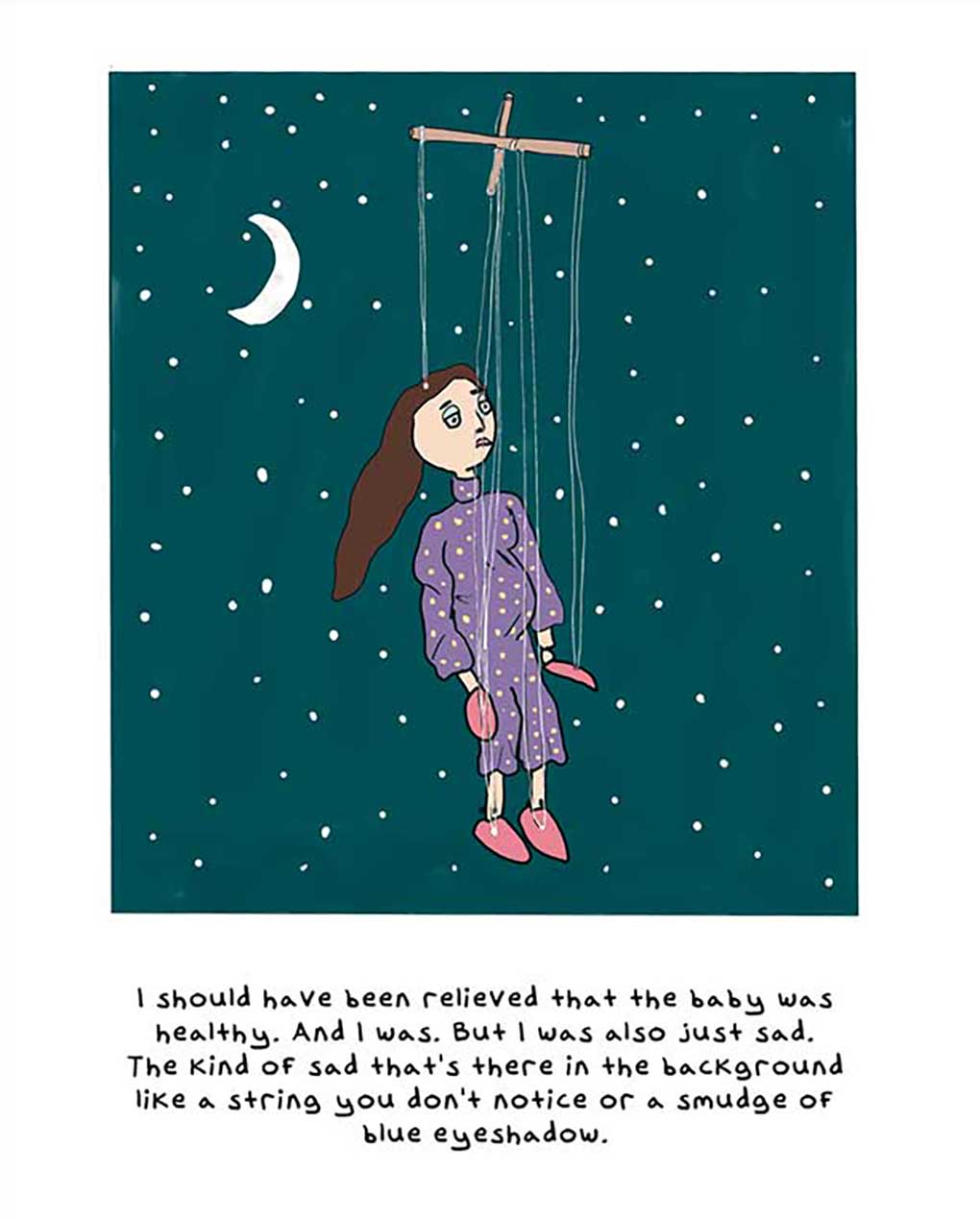 A page from a graphic novel depicts a pregnant woman with long brown hair in a purple outfit tied to white puppet strings against a green dotted background.