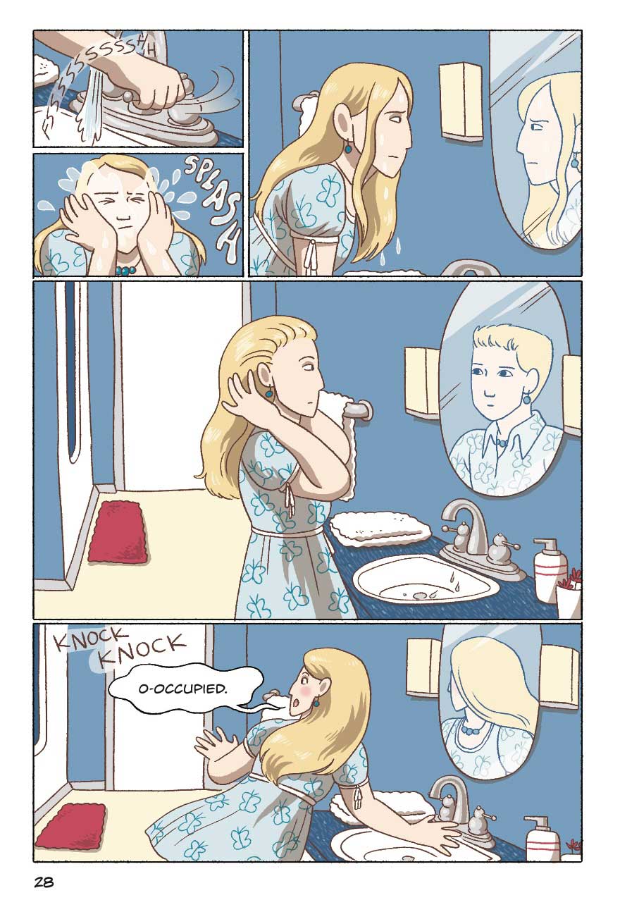A comics panel depicts a character with long blonde hair and a blue dress looking in the mirror, imagining another version of themself with shorter hair and a collared shirt. Someone knocks on the door and they reply, “Occupied!”