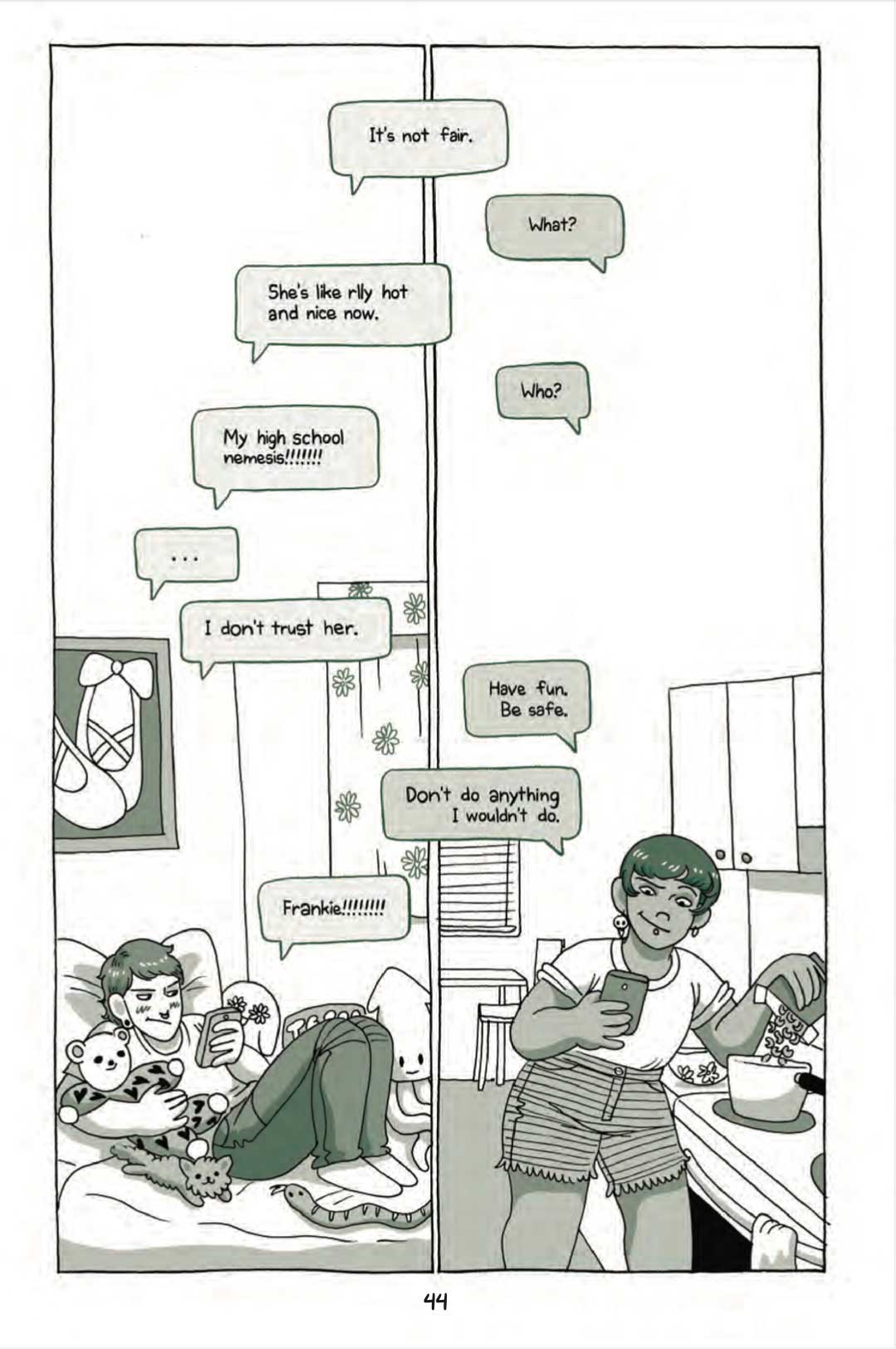 A black and white two-panel comic from a graphic novel depicts two characters discussing one person’s high school nemesis across two rooms, the bedroom and kitchen, of their apartment.