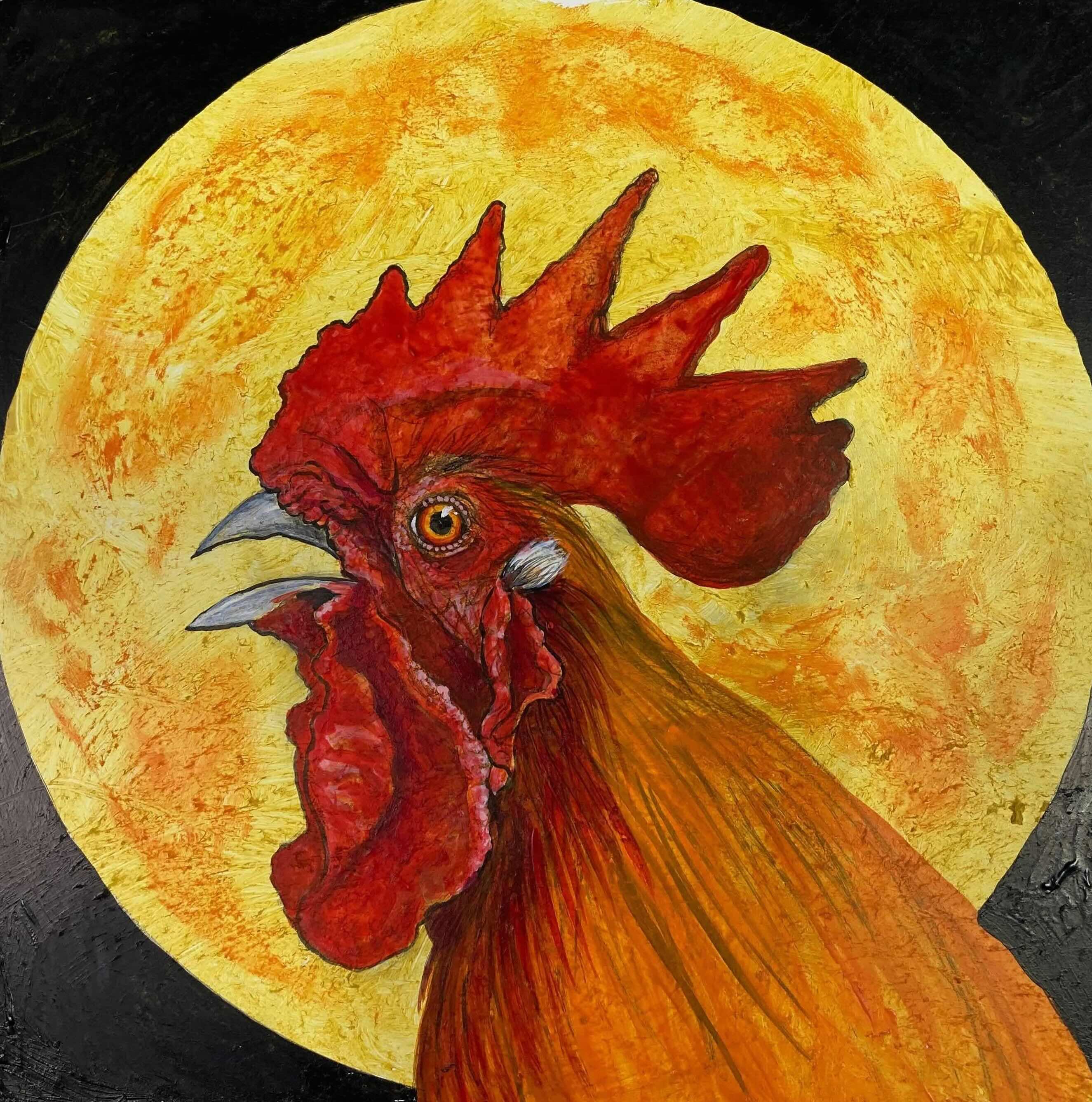 A painting of a brown rooster features the bird with its head in profile, facing the left of the frame against a yellow moon and a black background.